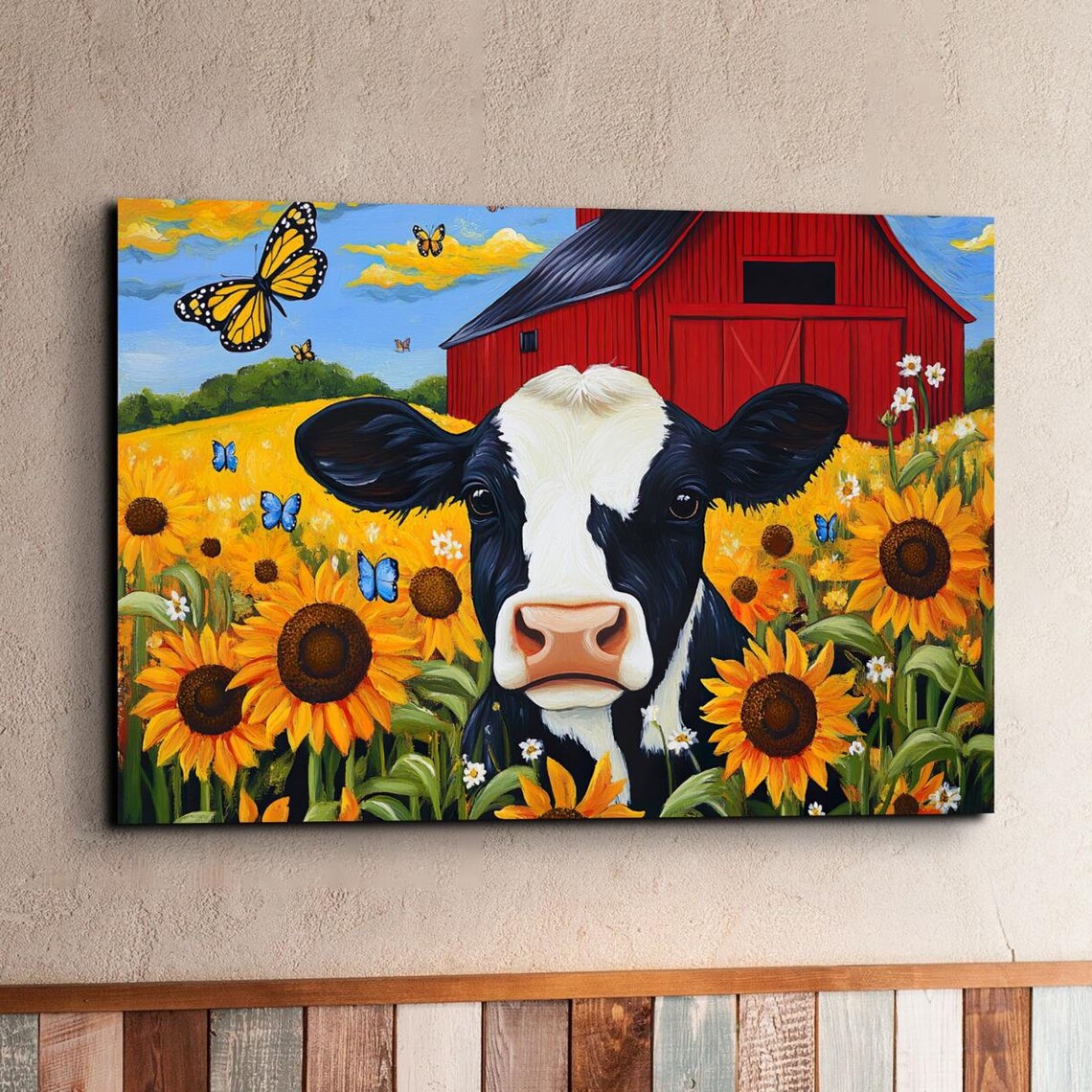 Happy Cow in Sunflower Field by Red Barn Monarch Butterfly Poster