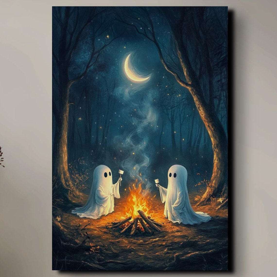 The Original Victorian Cute Ghosts Roasting Marshmellows Ready To Hang Wall Art Print Halloween Wall Art Spooky Season Art