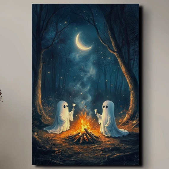 The Original Victorian Cute Ghosts Roasting Marshmellows Ready To Hang Wall Art Print Halloween Wall Art Spooky Season Art