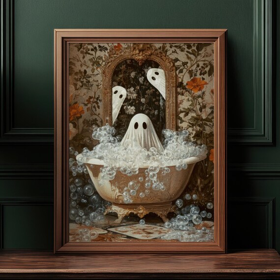 Cute Halloween Ghost Wall Art Spooky Bathroom Decor Vintage Halloween Ghost Art Print Cozy Autumn Decor Whimsical Wall Art Victorian Decor