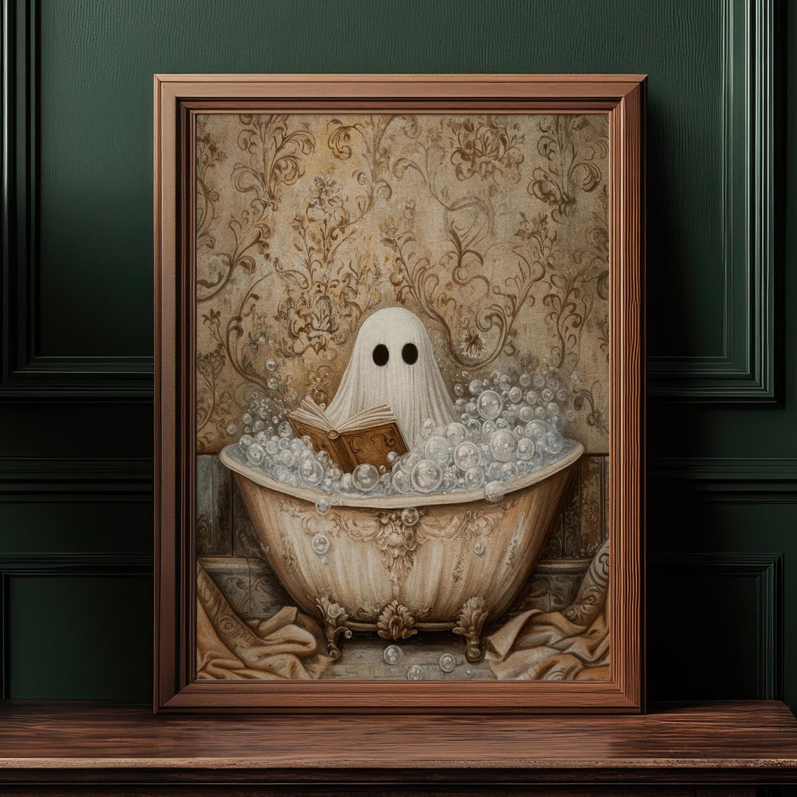 Cute Ghost Reading Book Bubble Bath Gold Damask Halloween Poster