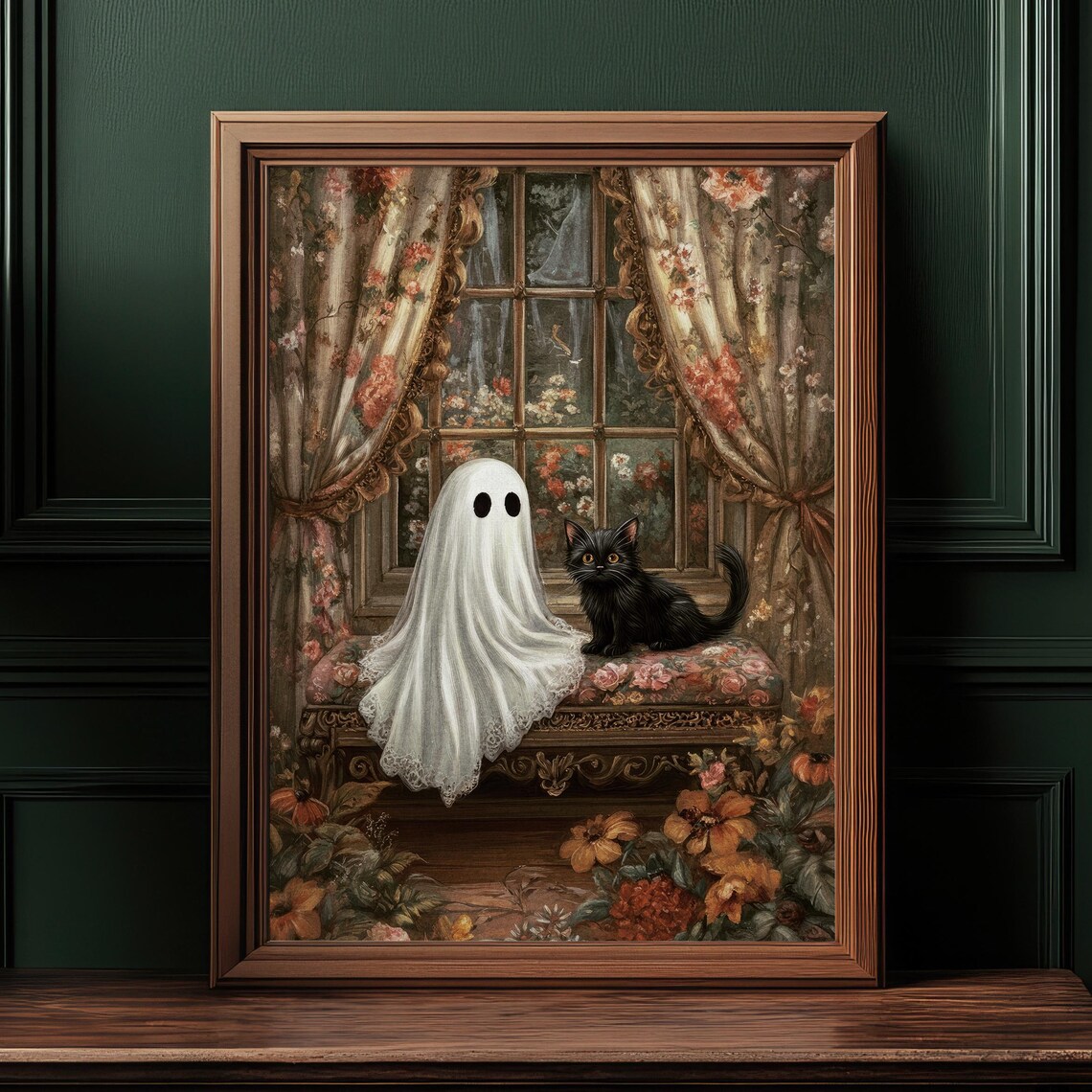 Whimsical Cute Ghost and Black Cat Victorian Window Halloween Poster