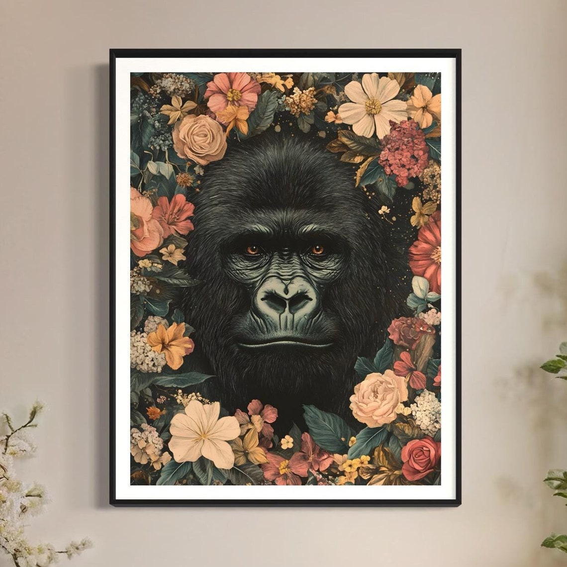 Gorilla Face Colorful Blooming Flower Jungle Wildlife Portrait Poster - Image 4