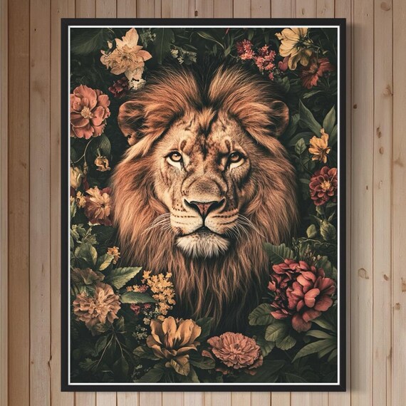 Lion Mane Autumn Flowers Dark Jungle Wildlife Portrait Poster
