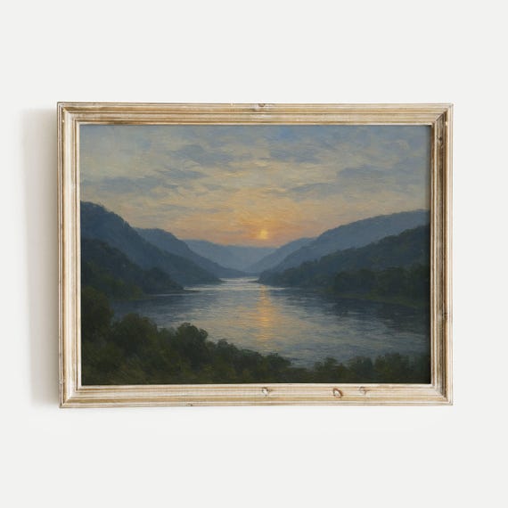 River Valley At Sunset With Hills Oil Painting Print Vintage Nature Wall Art Home Office Living Room Bedroom Decor