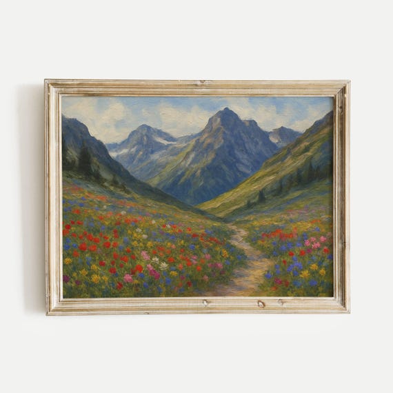 Mountain Pass With Wildflowers Oil Painting Print Vintage Nature Wall Art Home Office Living Room Bedroom Decor