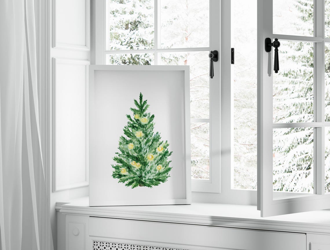 Watercolor Christmas Tree Gold Lights Minimalist Holiday Poster - Image 2