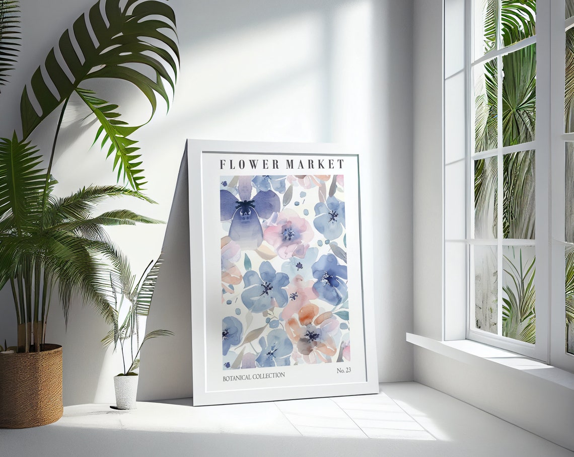 Flower Market Watercolor Blue Pink Blooms Botanical No 23 Poster - Image 3