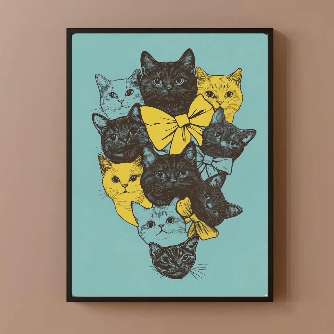 Sweet Cat Faces Cluster With Yellow Bows Retro Coquette Wall Art