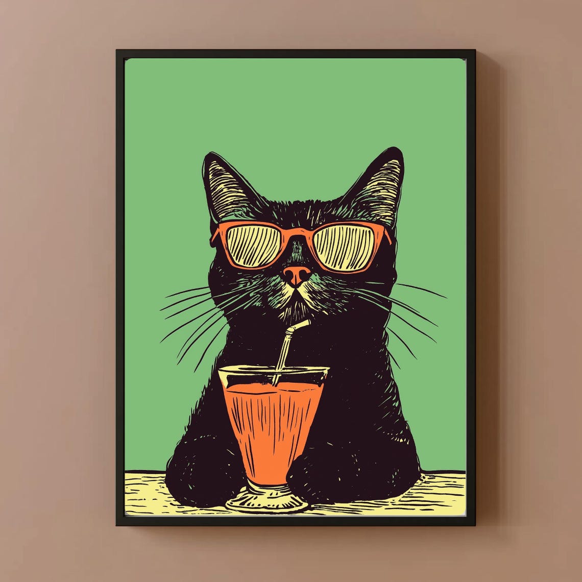 Cool Black Cat Sunglasses Juice Retro Woodcut Portrait Poster
