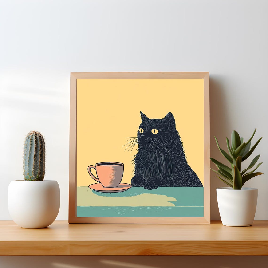 Fluffy Black Cat Chilling With Coffee Quirky Kitchen Wall Decor Retro Illustration Bar Square Art Poster