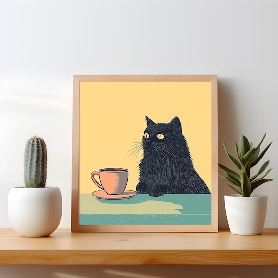 Fluffy Black Cat Coffee Cup Retro Kitchen Square Wall Poster
