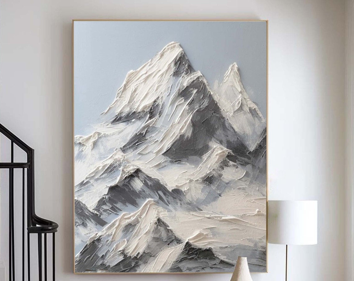 Original 3d Snow Mountain Texture Painting Large Blue Wall Art Abstract Mountain Landscape Art White Knife Texture Art Modern Wall Art Decor