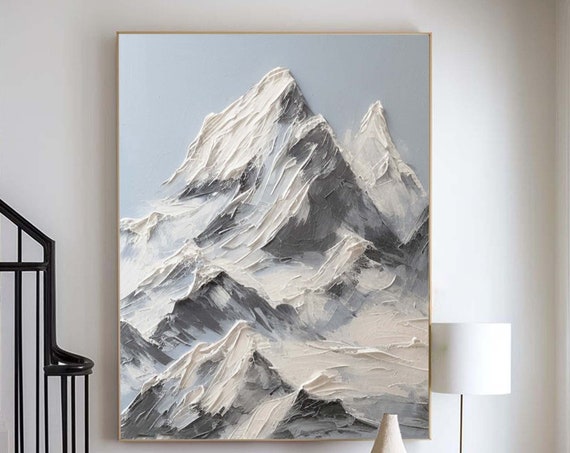 Original 3d Snow Mountain Texture Painting Large Blue Wall Art Abstract Mountain Landscape Art White Knife Texture Art Modern Wall Art Decor