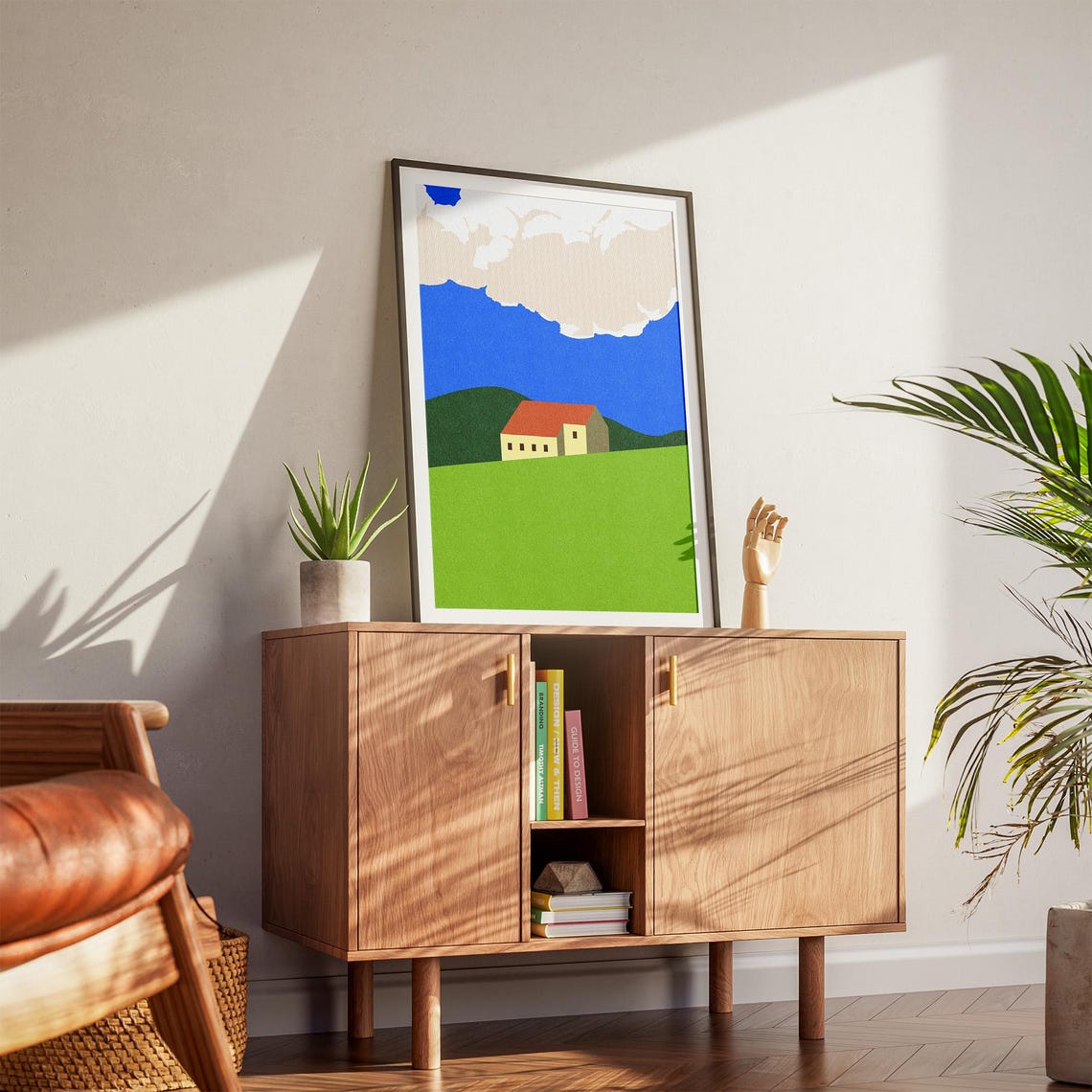 Minimalist House On Green Hill Blue Sky Modern Landscape Print - Image 4