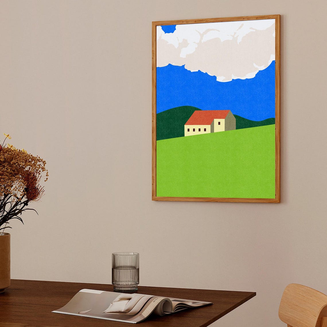 Minimalist House On Green Hill Blue Sky Modern Landscape Print - Image 2