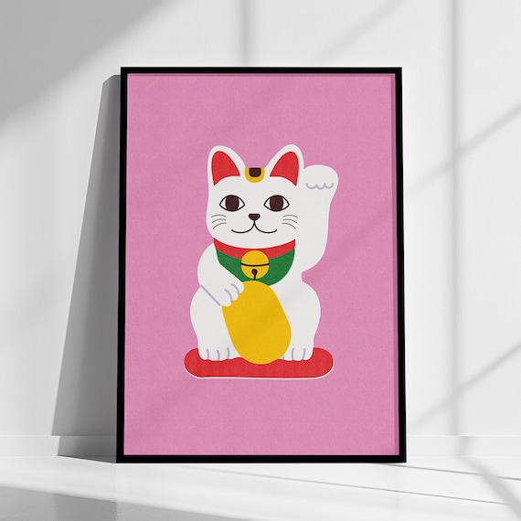 Pink Japanese Lucky Cat Maneki Neko Fortune Cat Cute Kawaii Poster