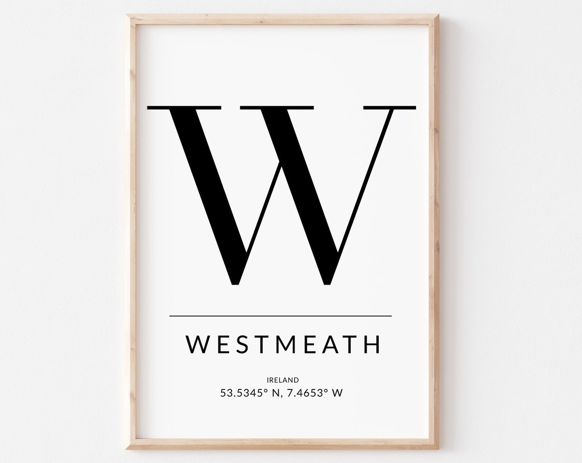 Westmeath Ireland Letter W Coordinates Typography Travel Poster