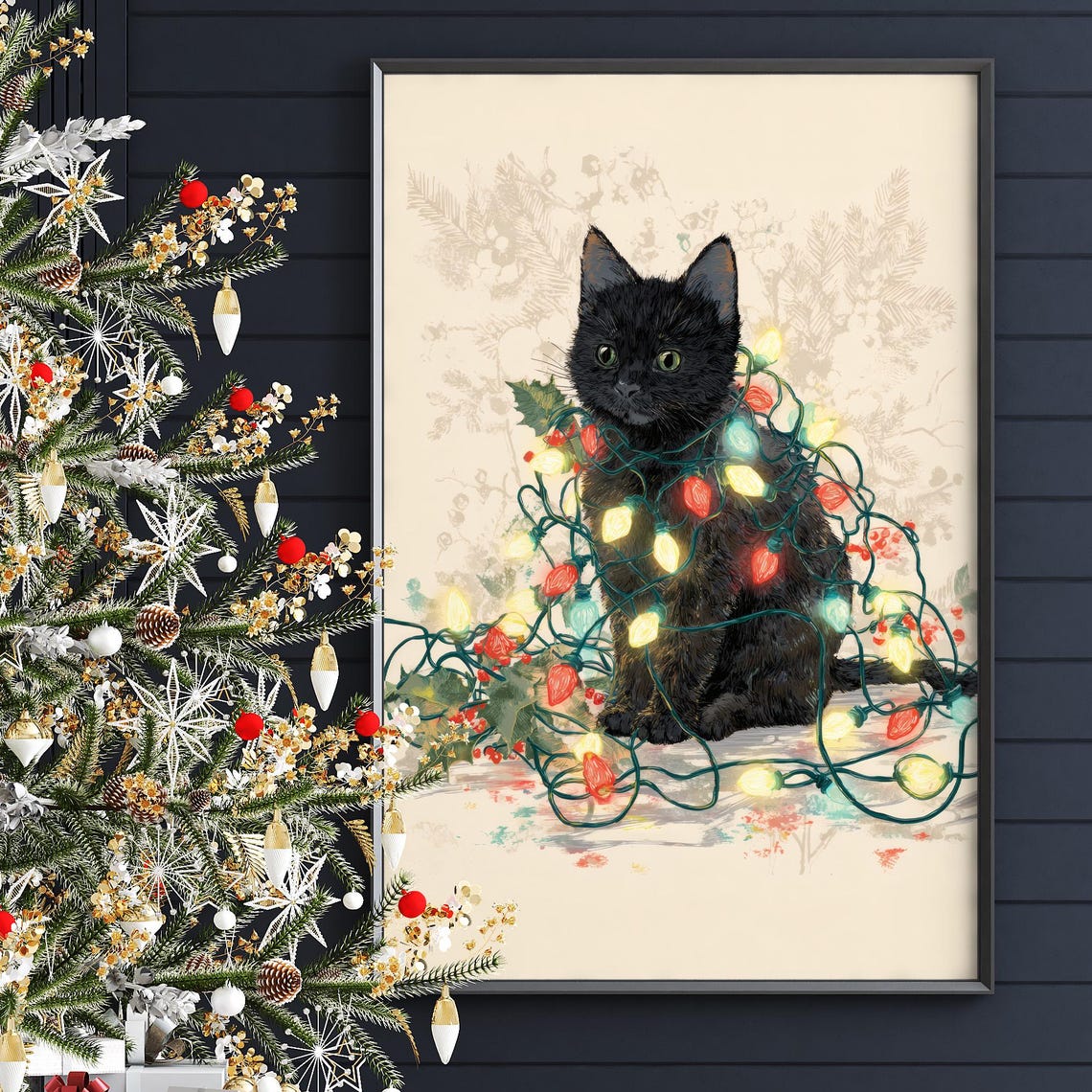 Tangled Black Cat Christmas Lights Funny Holiday Cat Lover Poster