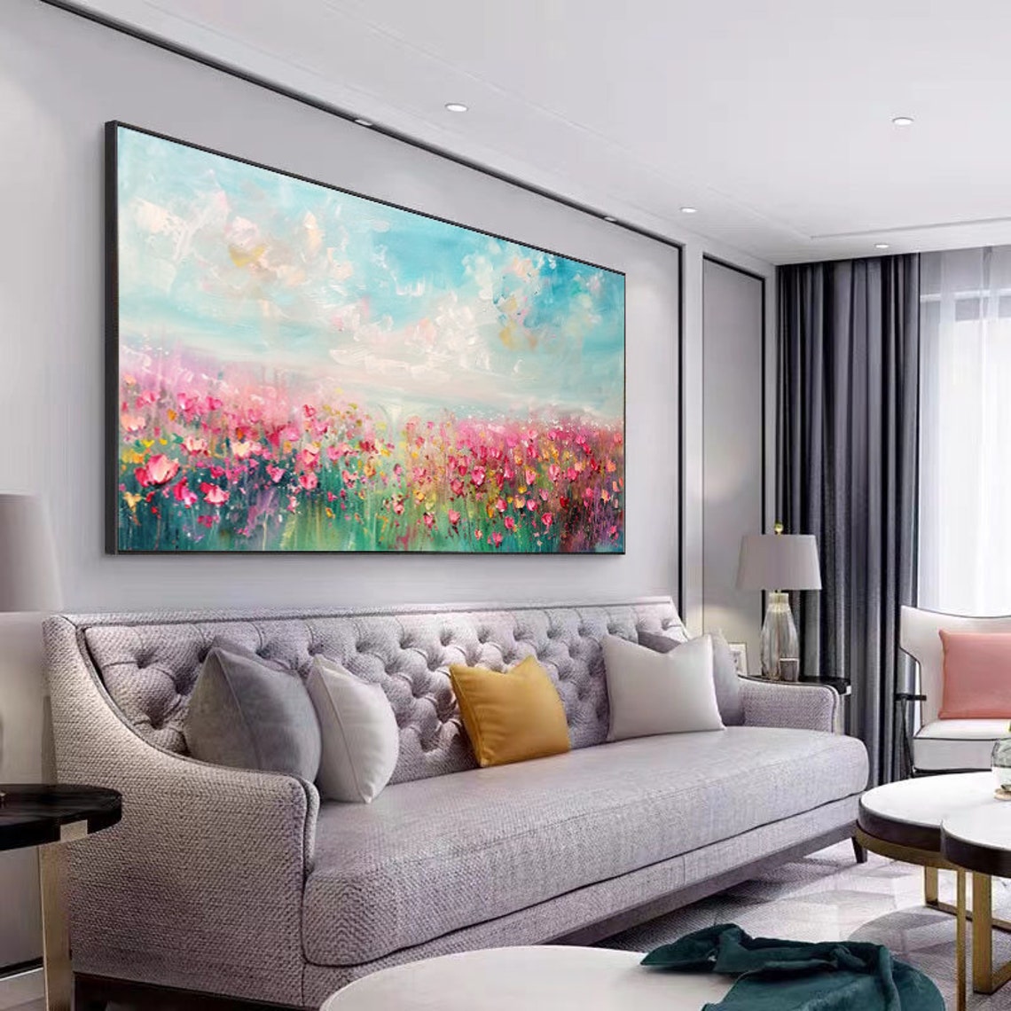Pink Wildflower Meadow Beneath a Turquoise Sky Panoramic Poster - Image 3