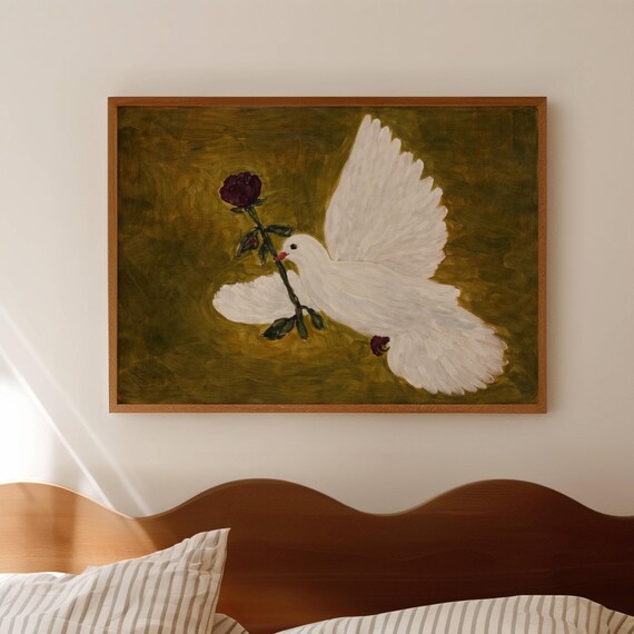 Minimalist White Dove Print Horizontal Nature Wall Art Hand Drawn Textured Mid Century Vintage Bird Oil Painting Poster Farmhouse Decor