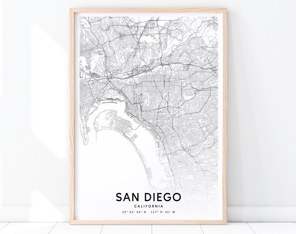 San Diego Map Print, Black White Modern Travel Poster