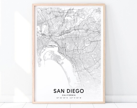 San Diego Map Print, Black White Modern Travel Poster
