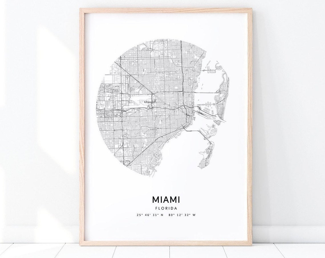 Miami Florida Circular Street Map Black White Minimalist Poster
