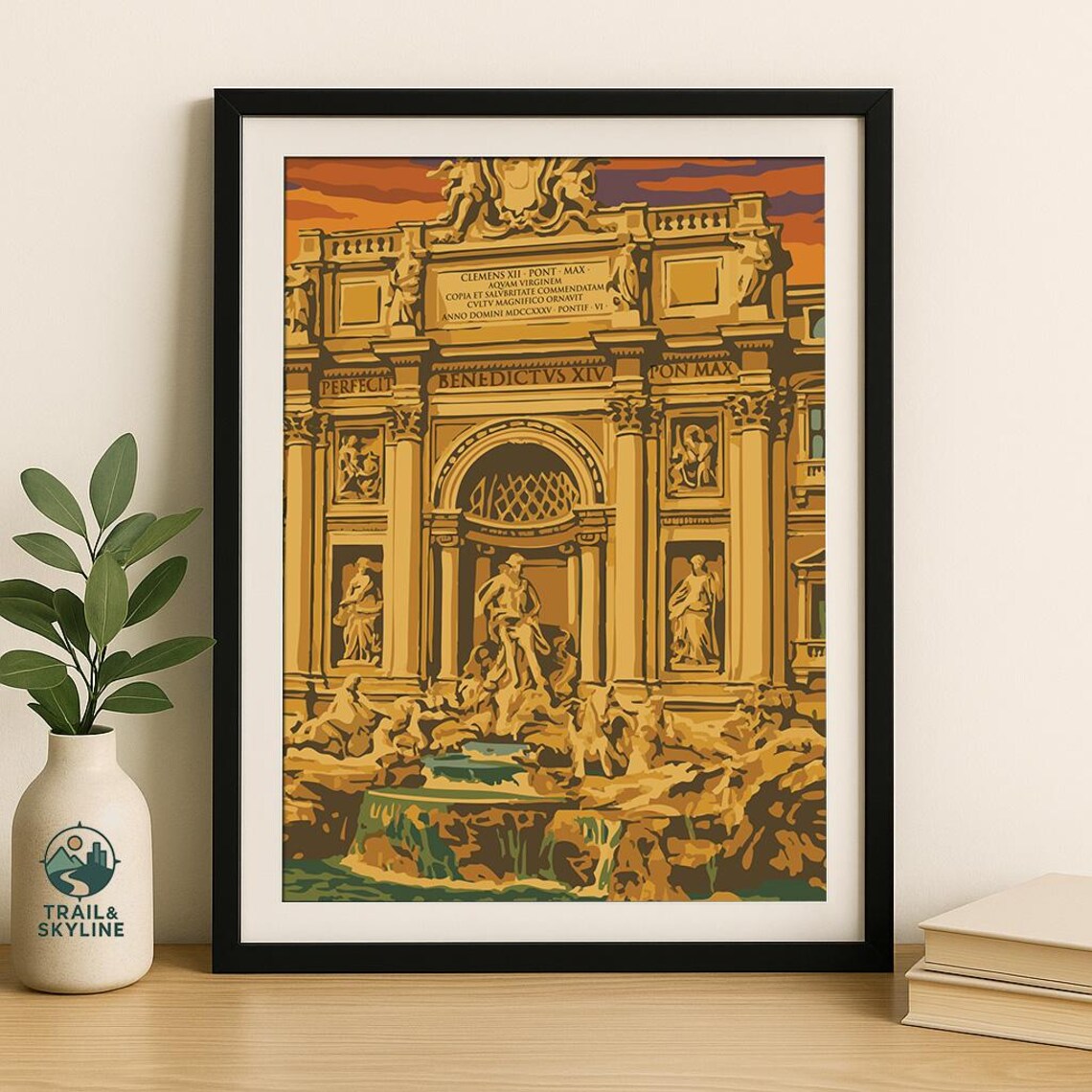 Trevi Fountain Rome Italy Vintage Landmark Illustration Sunset Poster