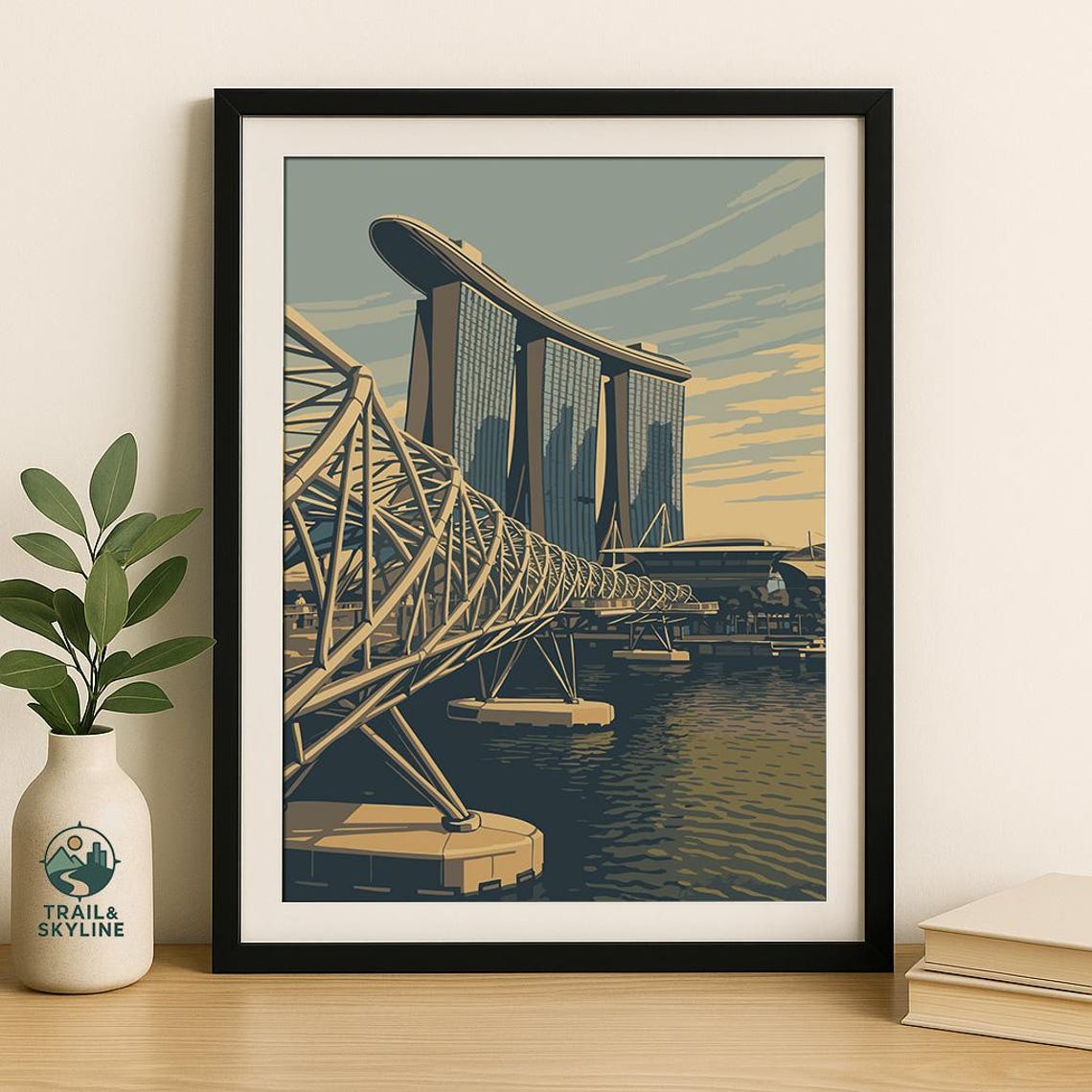 Singapore Helix Bridge Marina Bay Sands Vintage Travel Poster