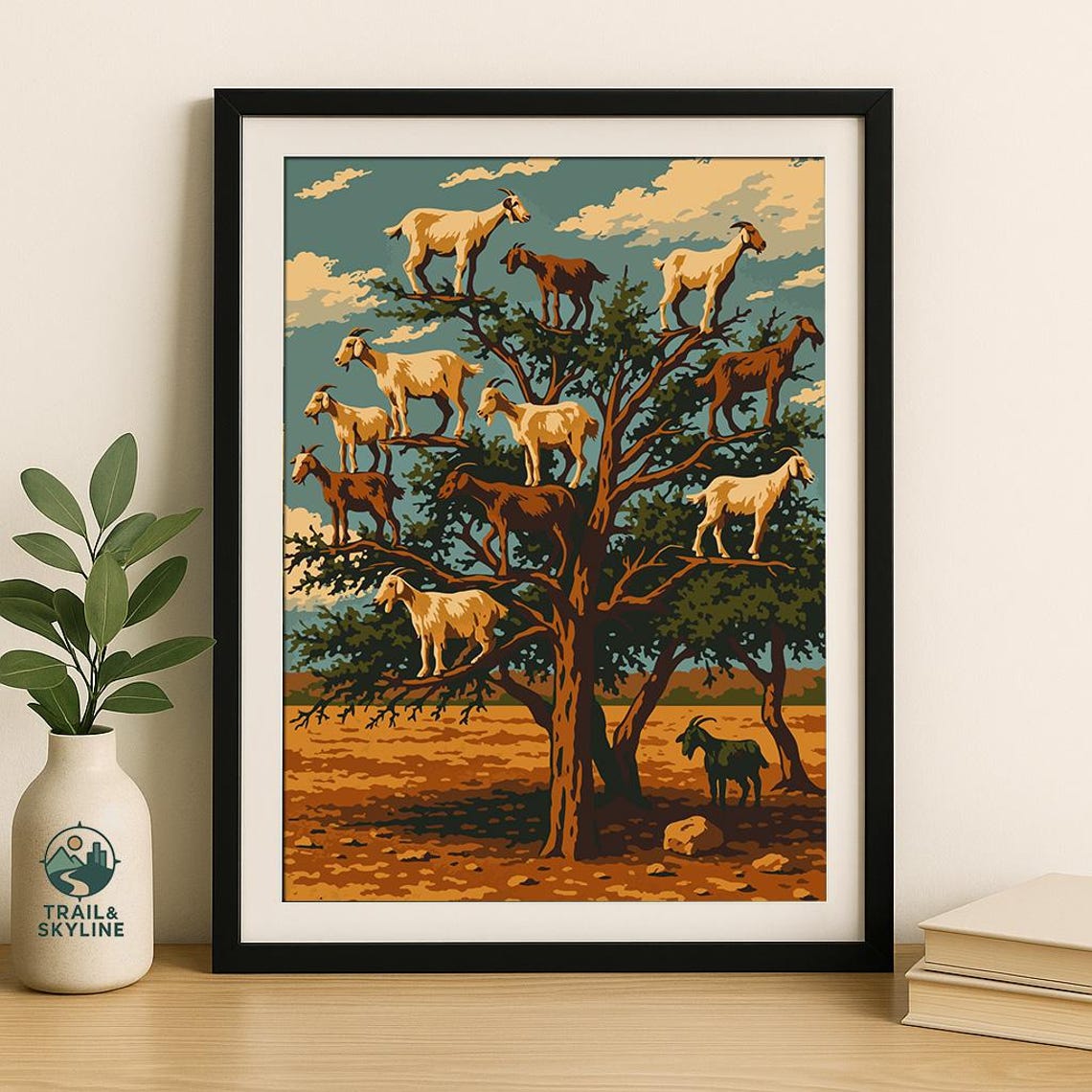 Morocco Travel Poster Argan Tree Climbing Goats Vintage Print