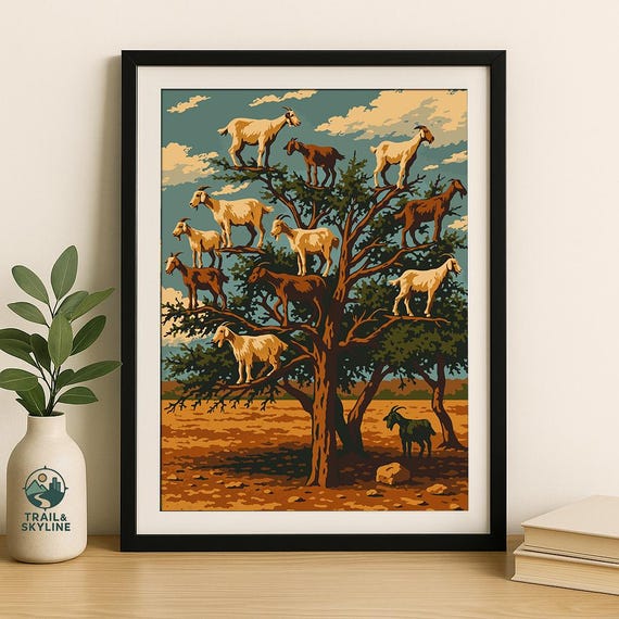 Morocco Travel Poster Argan Tree Climbing Goats Vintage Print