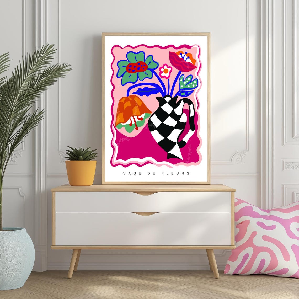 Vase De Fleurs Pink Checkerboard Pitcher With Bold Floral Art Poster - Image 3