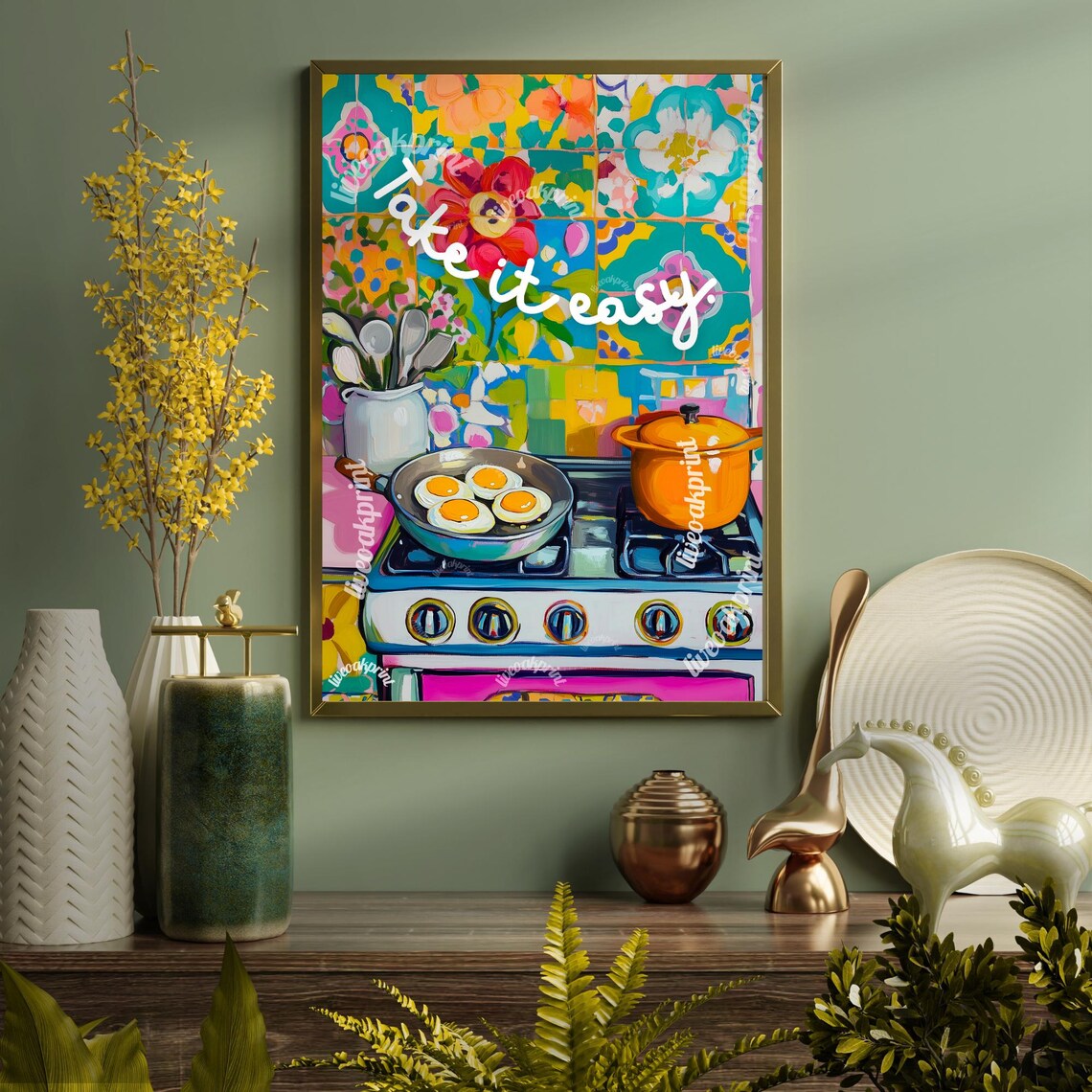 Take It Easy Eggs Over Art Print, Cute Kitchen Decor