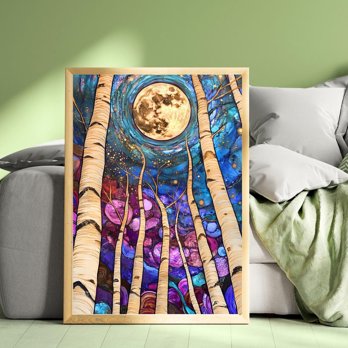 Full Moon Between Birch Trees Blue And Purple Mystical Night Poster - Image 3