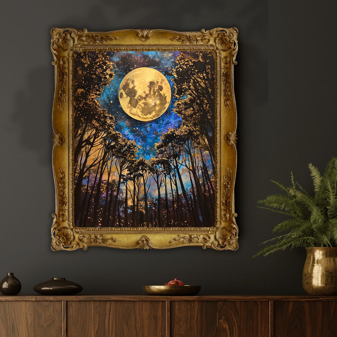 Full Moon Above The Trees Gold And Deep Blue Moon Wall Art Moody Celestial Print Mystical Nature Inspired Decor Dark Nature Print - Image 3