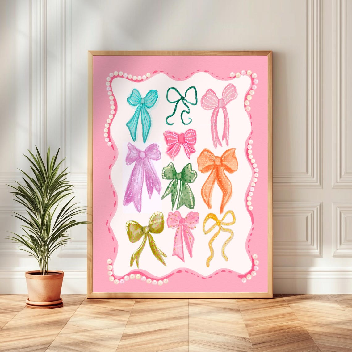 Nine Colorful Coquette Bows On Pink Pearl Framed Watercolor Poster