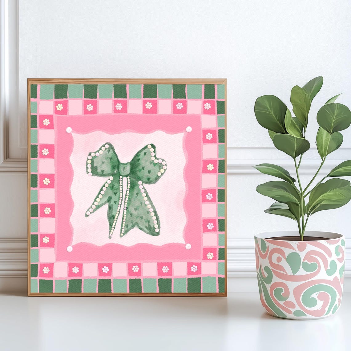 Green Coquette Bow With Pearls On Pink Checkerboard Square Poster