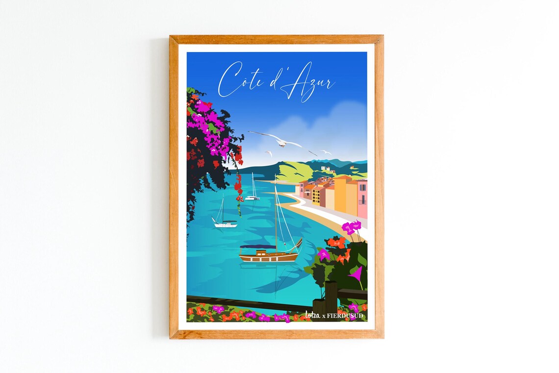 French Riviera Cote d Azur Sailboats Vintage Seaside Travel Poster