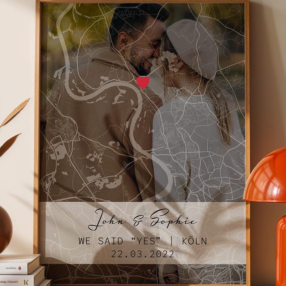 Personalized Couple Map Print With Photo City Poster Custom Location Engagement Gift Wedding Anniversary For Him Her