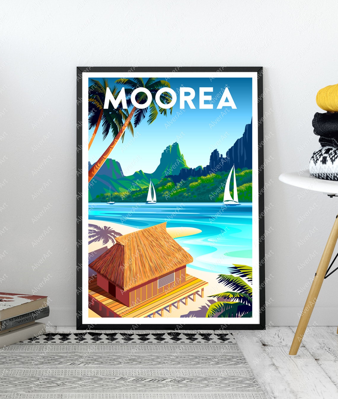 Moorea Sailboats Thatched Beach Hut Volcanic Peaks Island Poster - Image 3