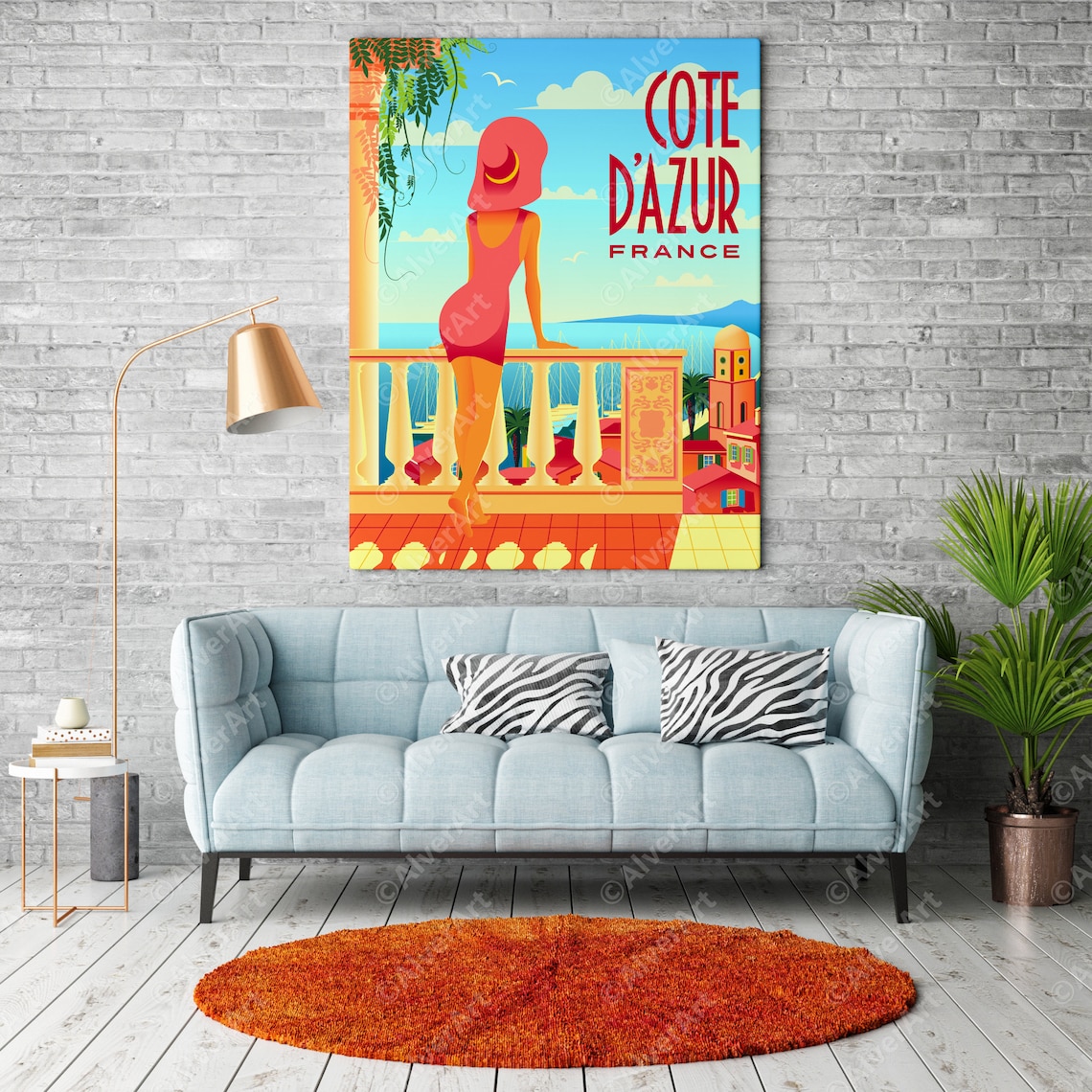 Cote dAzur France Woman Balcony Overlooking Riviera Coast Poster - Image 2
