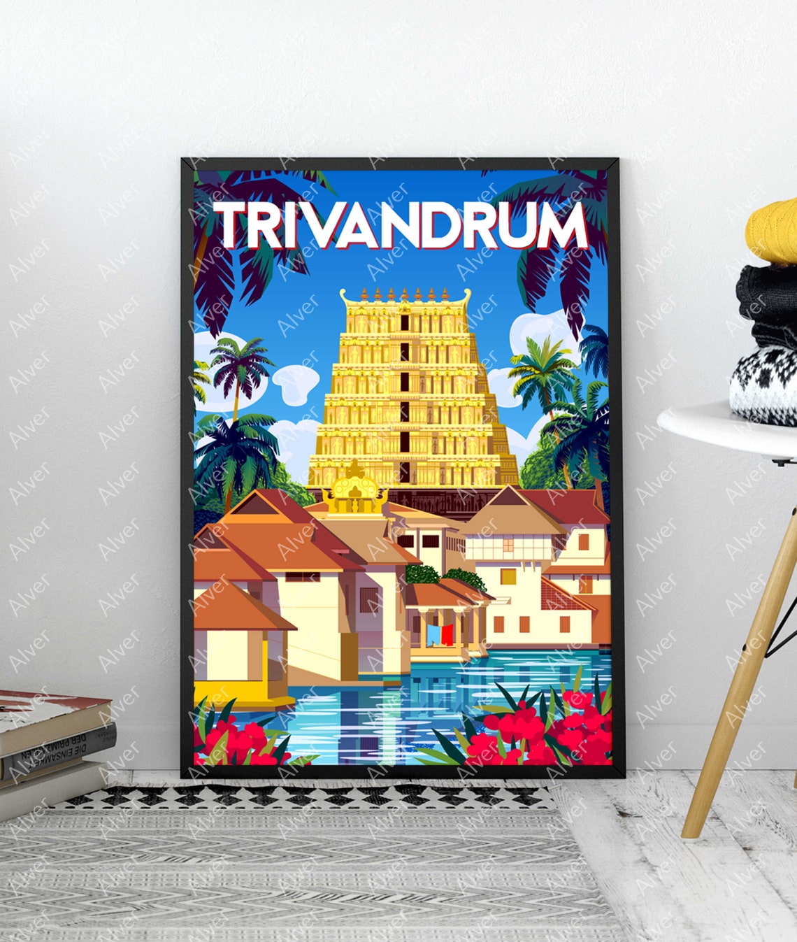 Trivandrum India Golden Temple Tower Palms Retro Travel Poster - Image 3