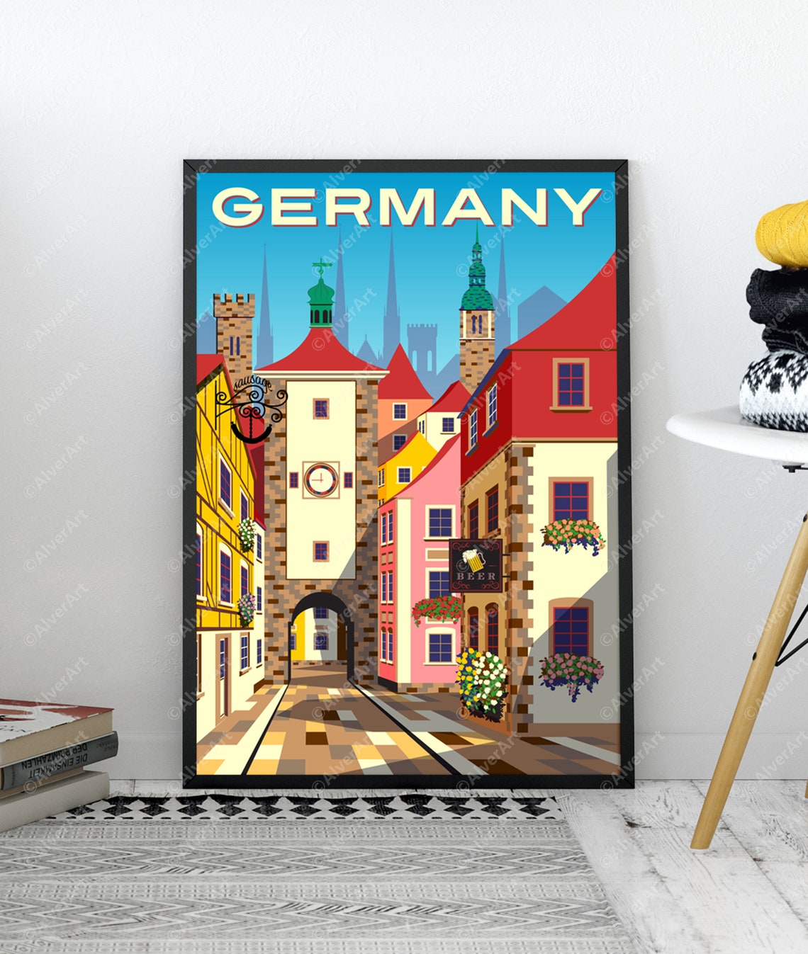 Germany Old Town Clock Tower Cobblestone Street Travel Poster - Image 3
