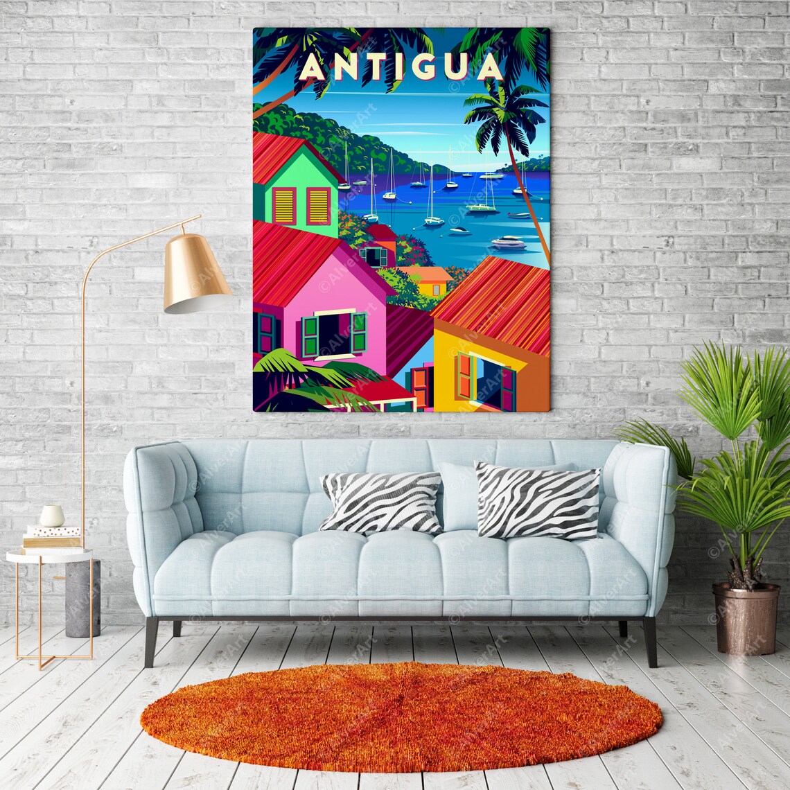 Antigua Caribbean Travel Poster With Colorful Houses and Sailboat Bay - Image 2