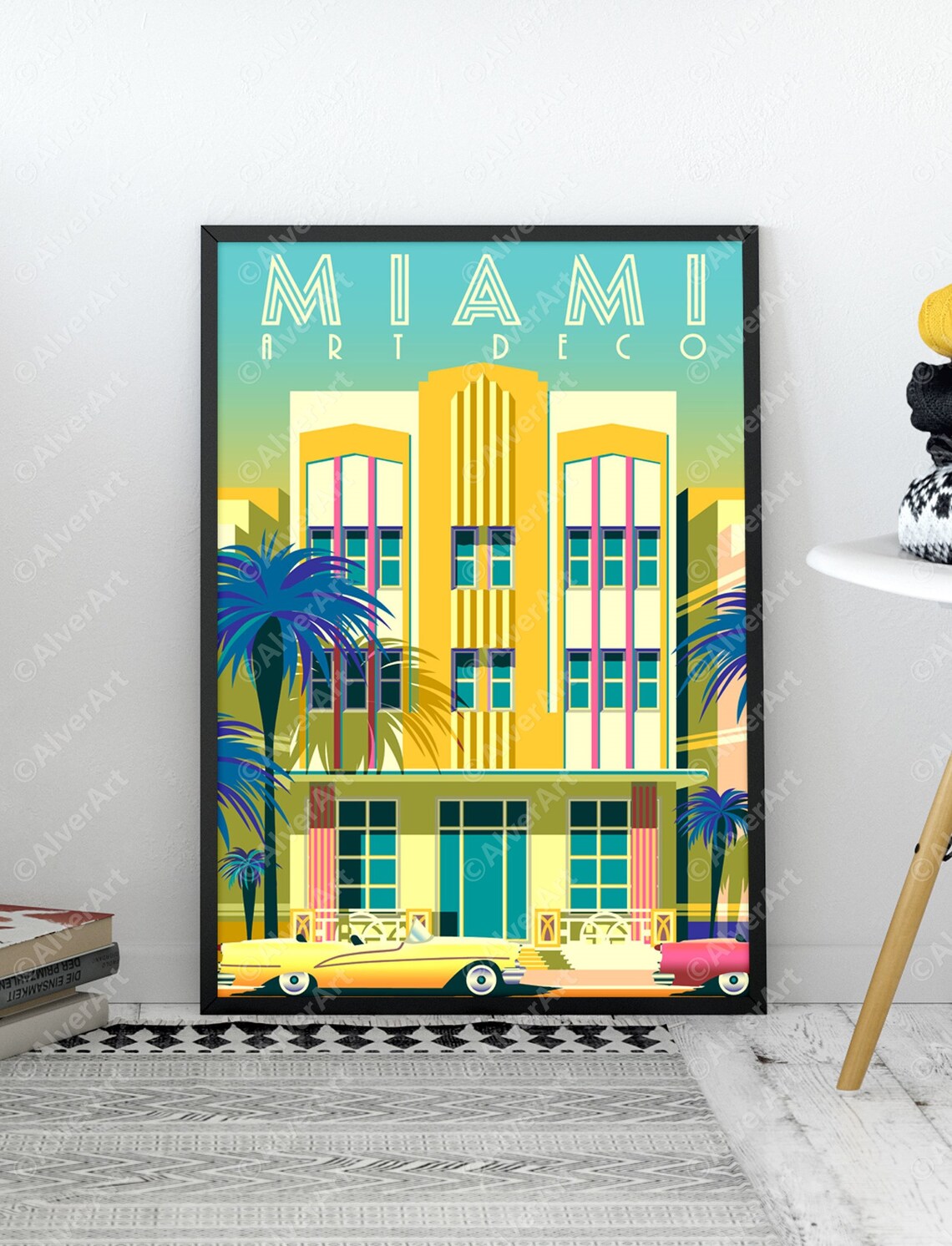 Miami Art Deco Hotel Vintage Car Palm Retro Florida Travel Poster - Image 2