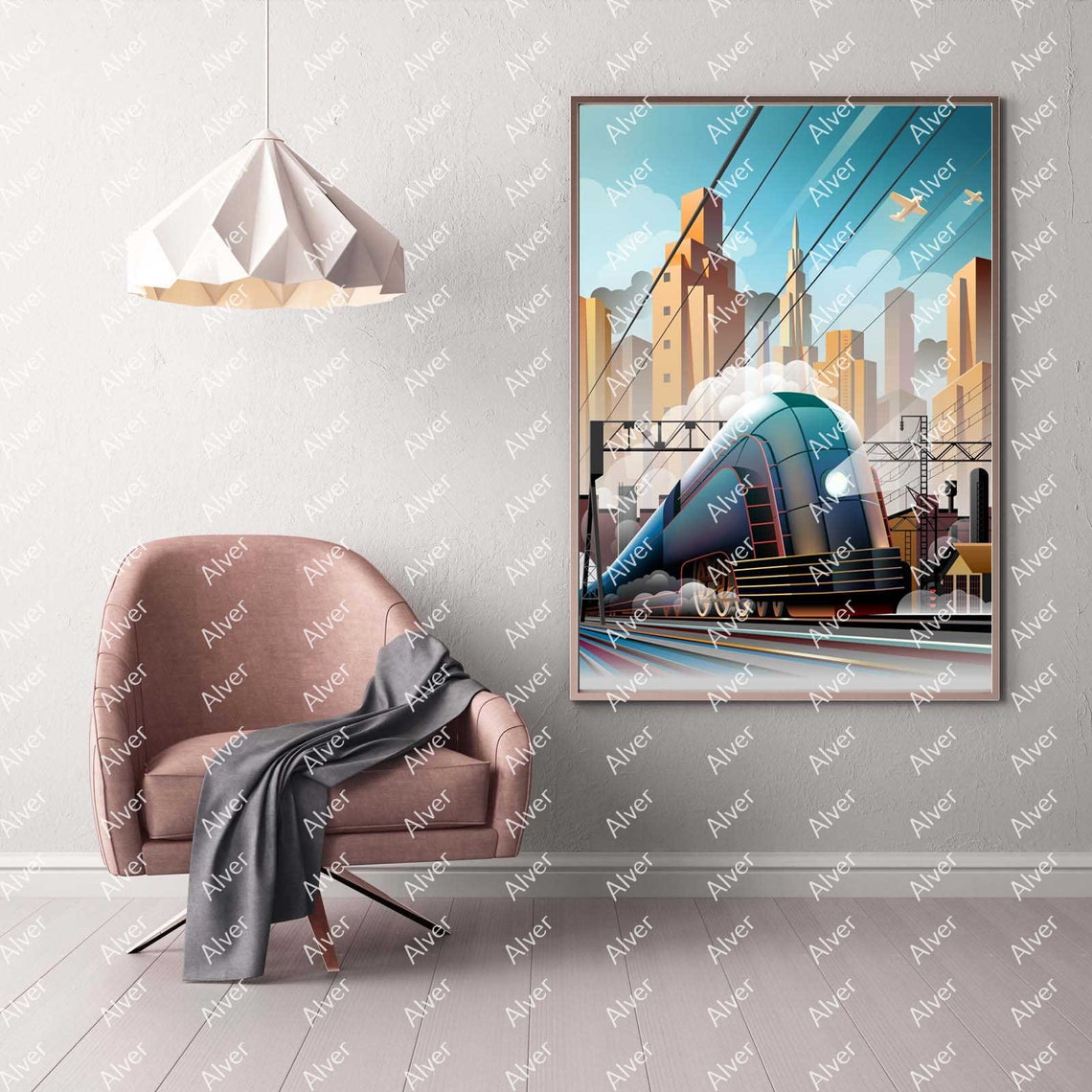 Art Deco Streamlined Blue Locomotive City Train Vintage Poster - Image 2