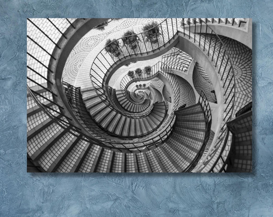 Spiral Staircase From Above Black and White Architectural Photo Poster - Image 3