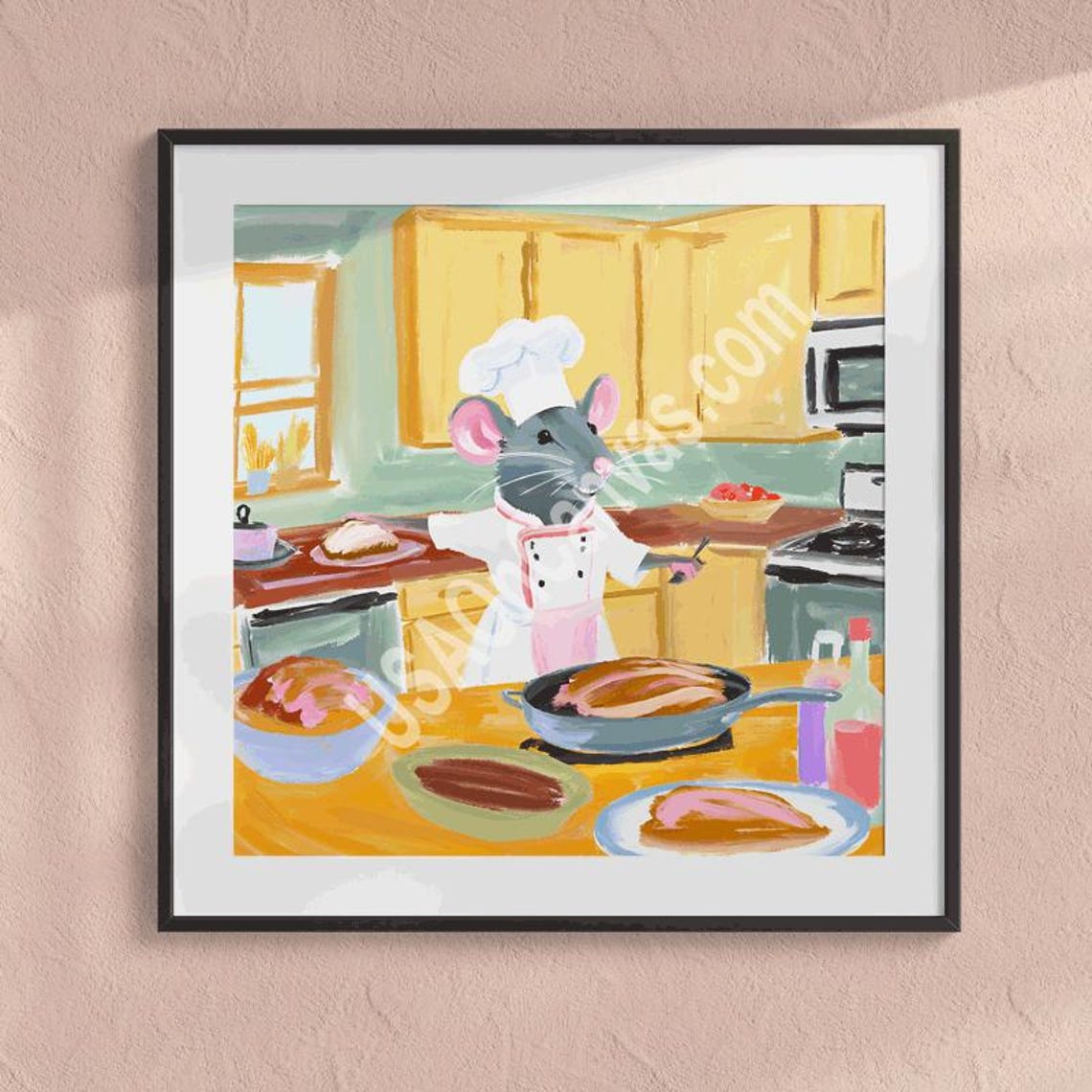 Gray Rat Chef Presenting Roasted Dishes in a Cozy Kitchen Poster