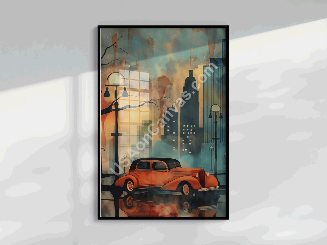 Vintage Red Classic Car On A Rainy City Street At Dusk Poster